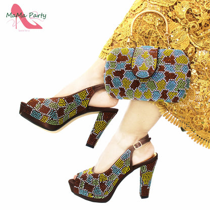 New Shoes and Matching Bag for Nigeria Party Slip on Shoes for Women Ladies Italian Shoes and Bag Set Decorated with Rhinestone