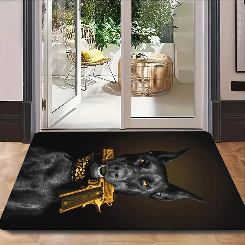 Cool Fashion Doberman with Gun Doormat, Non-Slip Entryway Rug, Durable Washable Floor Mat for Gym and Living Room