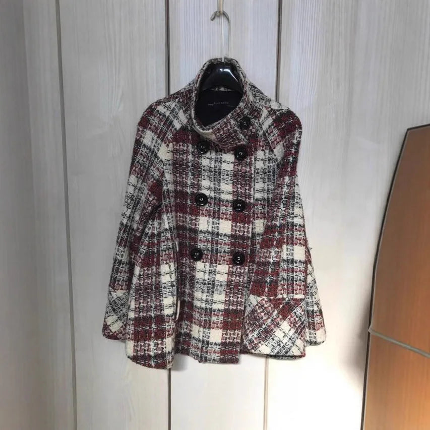 Winter Woole Coats Elegant Warm Plaid Stand Collar Pocket Coat Fashion Loose Coats Versatile Casual Female Jacket New Outerwear
