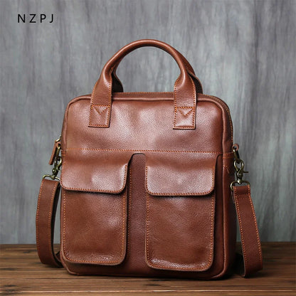 NZPJ New Retro Leather Men's Handbag Top Layer Cowhide Vertical Single Shoulder Messenger Bag Postman Briefcase Computer Bag