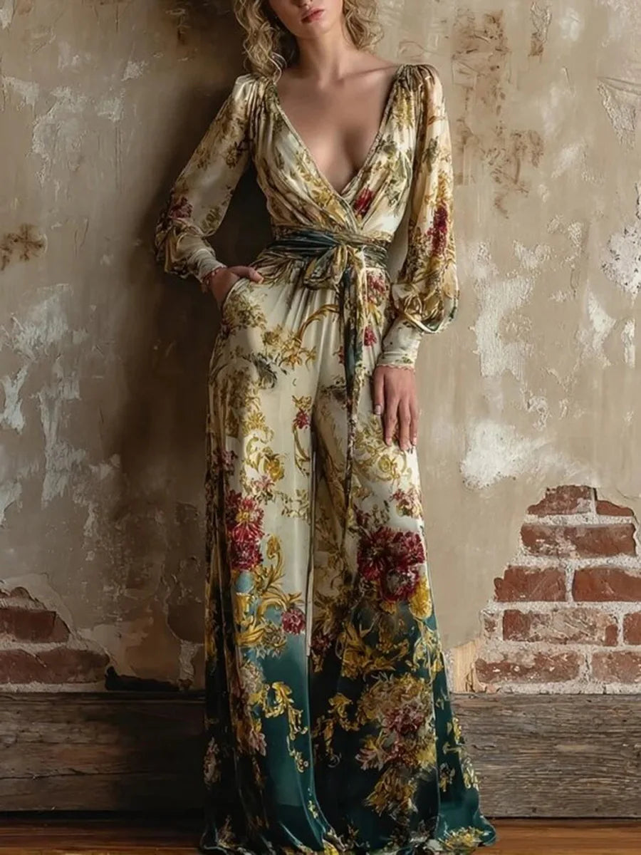 Women's Vintage Print Jumpsuits Fashion Sexy V-neck High Waist Leace-up Wide Legs Jumpsuit Lady Commuting Clothing 2026 New