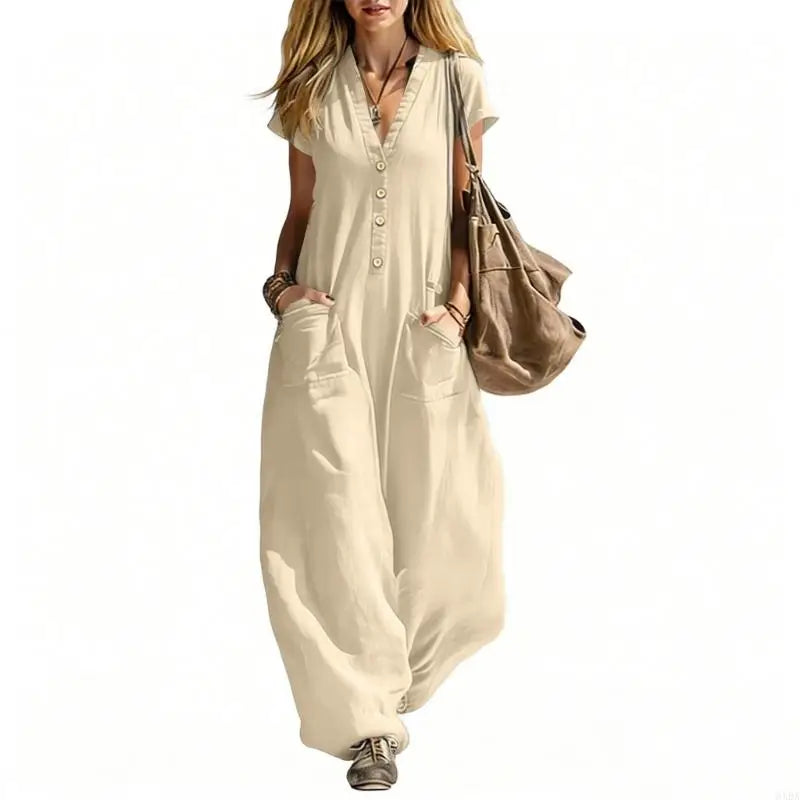 Jumpsuits for Women Linen Button Short Sleeve Jumpsuits Wide Leg V Neck Rompers Vacation Clothes with Pockets 6XDA