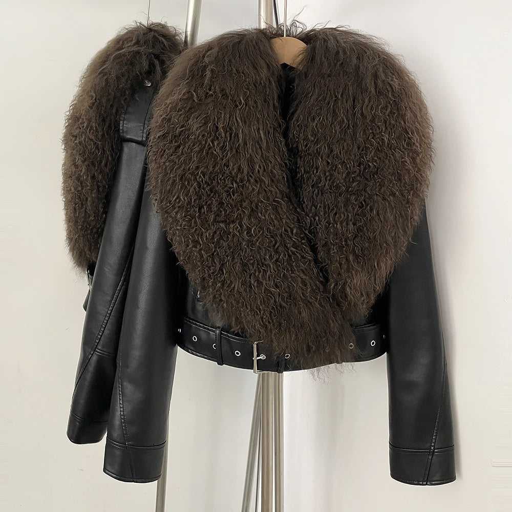 Luxury Natural Mongolian Sheep Fur Coat Women Winter Short Faux Leather Jacket Female Moto Biker Outwear New Coats and Jackets