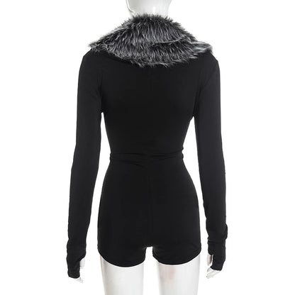 Weird Puss Luxury Fur Deep V Collar Romper Women Full Sleeve Sexy Skinny Fitness Activity Streetwear Hipster Workout Playsuit