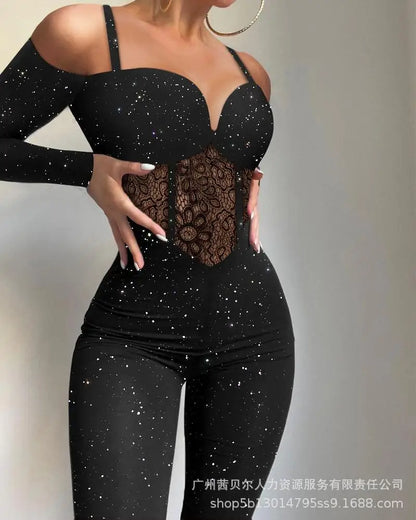 Women Black Jumpsuits Long Sleeve Slim Fits Solid Color Deep V Skinny Pants Rompers Low Neck Sexy Tight Jumpsuit Fashion