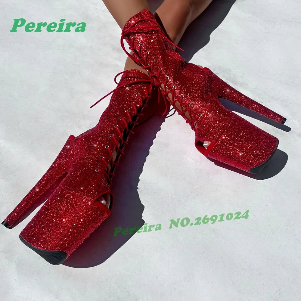Red Gingham Peep-Toe Platform Ankle Boots Retro Cross Tied Stiletto High Heels Women's Sandals Lace-Up Pole Dance Shoes Zipper