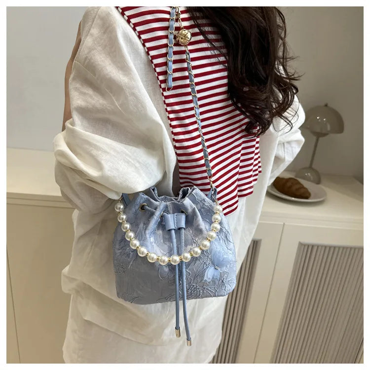 Sweet Butterfly Women Drawstring Bucket Shoulder Bags Versatile Ladies Crossbody Bag Clutch Fashion Girls Pearl Chain Handbags