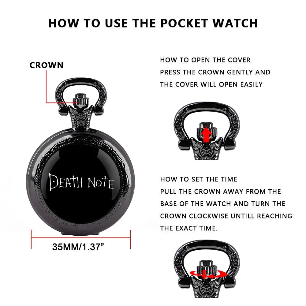 Classy Death Note Design Black Quartz Pocket Watch Fashion Necklace Timing Pendant with Chain Gift for Man Woman Souvenir