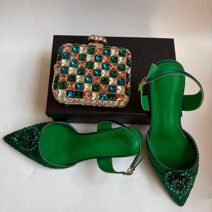 Insightlink Green Crystal High Heel with Bag Set for Bridal Wedding Party Designer Pointed Toe and Clutch Luxury Sandal Handbag