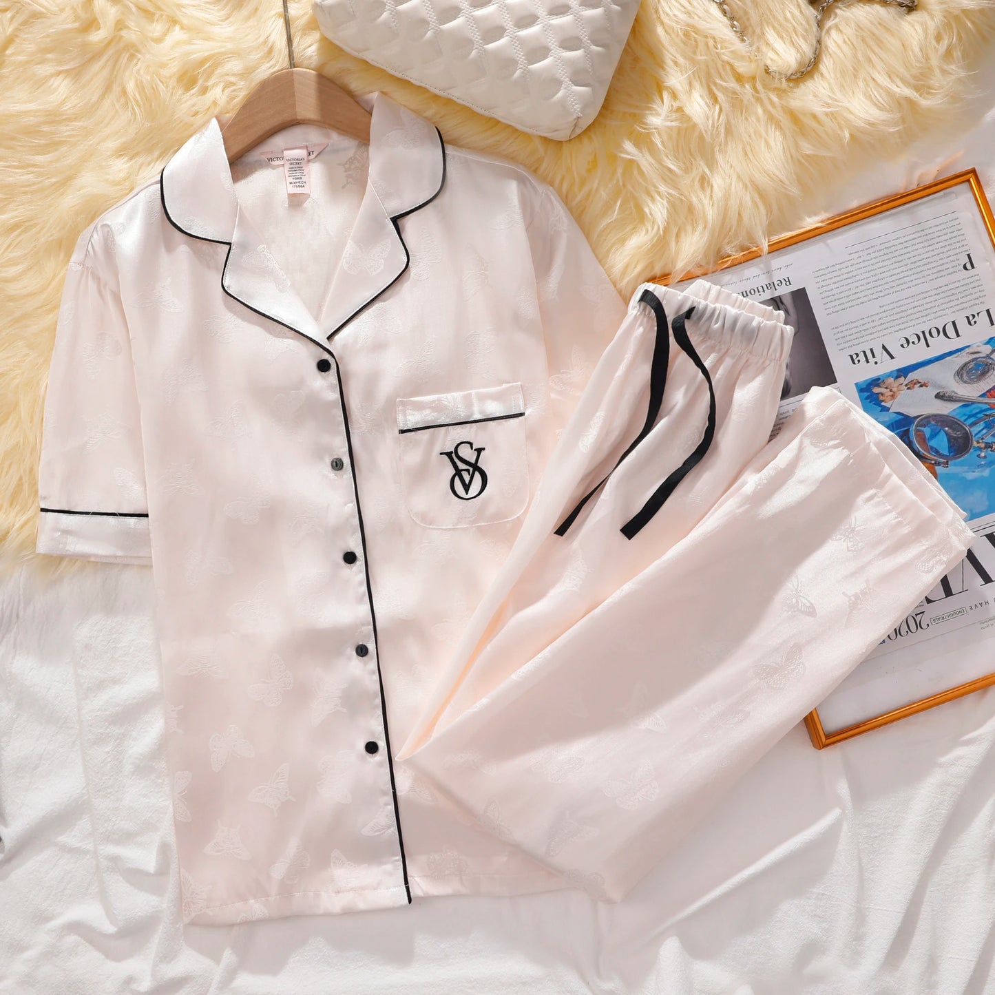 Victoria's Secret Suit Womens Silk Satin Pajamas Set Short Sleeve Shorts Sleepwear Loungewear Soft Breathable Button Down Pyjama