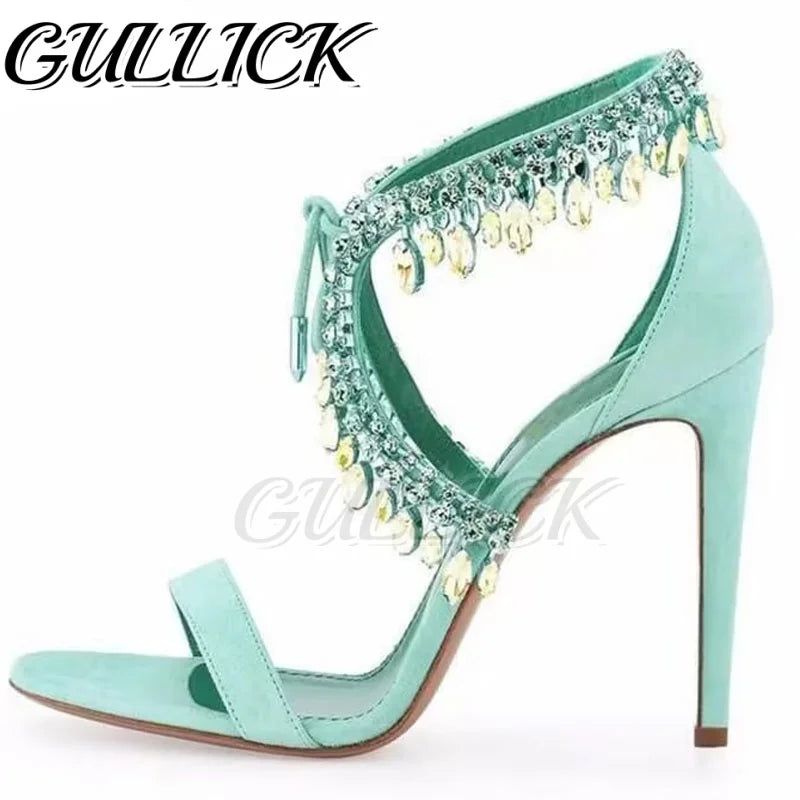 Rhinestones Heeled Sandals Crystal Heels Open Toe One Strap Women Luxury Designer Shoes Summer Elegant Sandalias De Mujer 2025