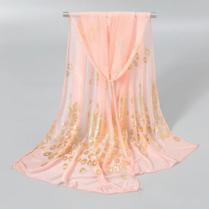 Women Glitter Thin Muffler Solid Color  Elegant Hijab Scarf Chiffon Long Scarves Gold Peacock Print Wrap Shawl Georgette Scarf