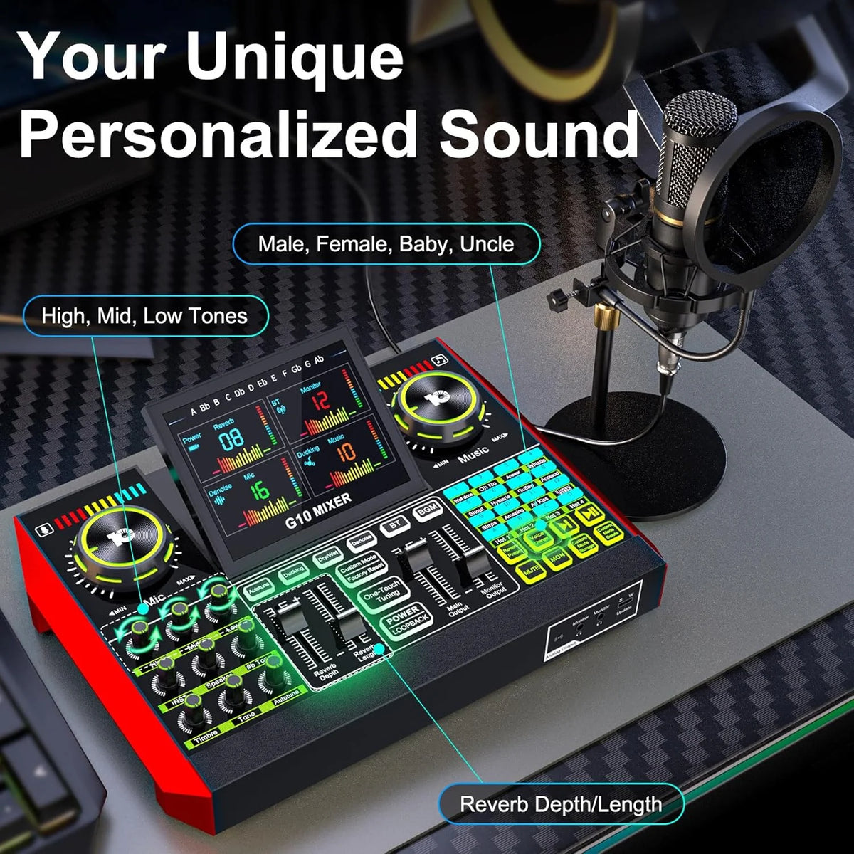 Tenlamp Podcast Equipment Bundle for 4 People, G10-BM800 Live Sound Card Audio Mixer Kit with Voice Changer, Bluetooth DJ Sound Board for PC Smartphone Laptop, Studio Recording Streaming Gaming Karaoke YouTube Vlog