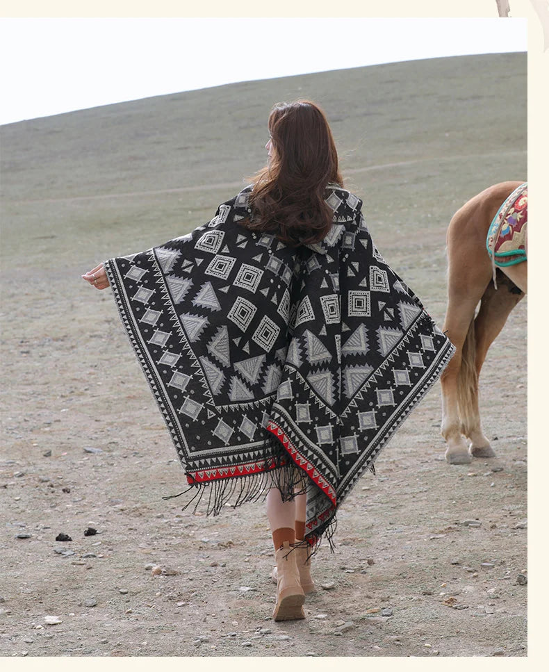 GypsyLady Bohemian Vintage Chic Cloaks Capes Hooded Blue Women Autumn Warm Knitted Ethnic Capes Tassels Cloak Poncho Outwear New