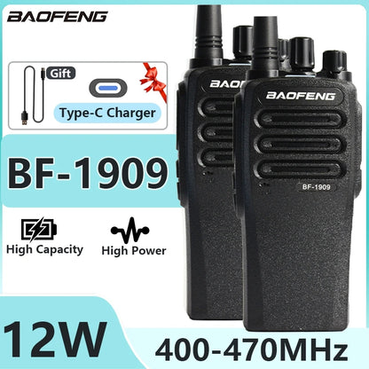 1/2PCS BaoFeng BF 1909 12W High Power Walkie Talkie Long Range UHF Two Way Radio Type C Charging Transmitter Upgrade UV 5R UV 82