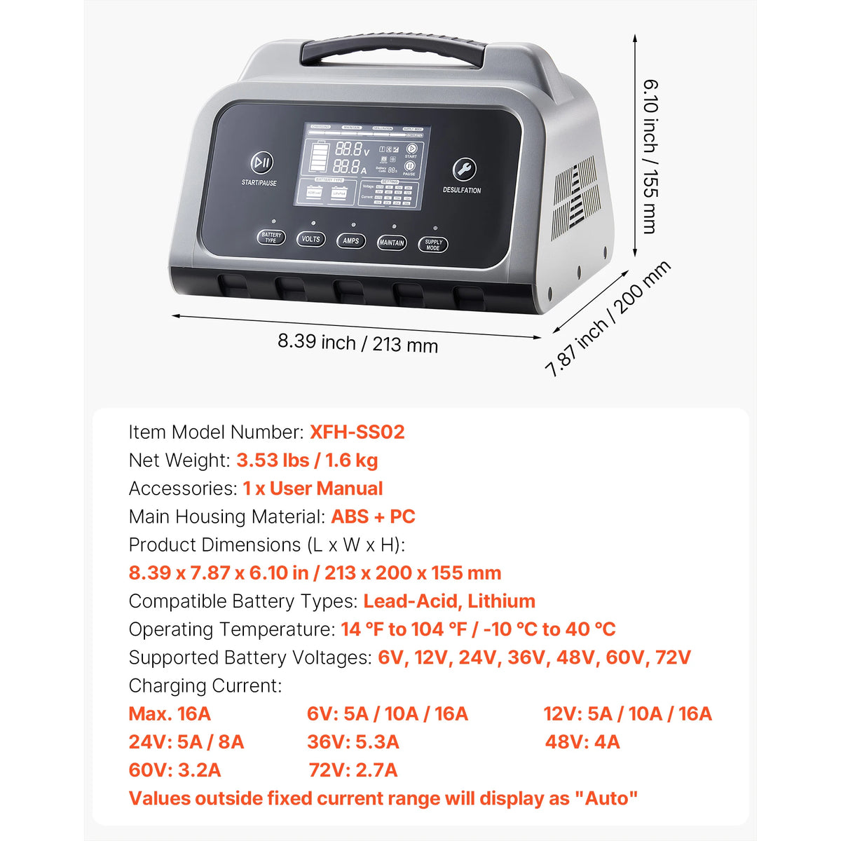 SucceBuy Smart Battery Charger 12A/16A/20A/25A with LCD Display Trickle Charging Maintainer Desulfator, for Car Boat Motorcycle