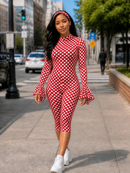 FAGADOER New Polka Dot Jumpsuits Women Autumn Long Flare Sleeve Rompers with Headscraft Back Hollow Out Sexy Bodycon Streetwear