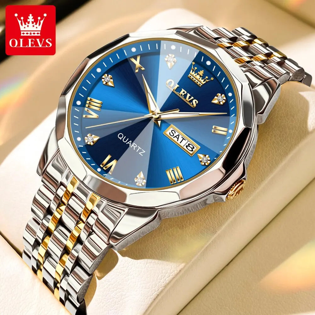 OLEVS Original Waterproof Men's Watches Diamond Mirror Quartz Watch for Man Luminous Stainless Steel Wristwatch Male Date Week