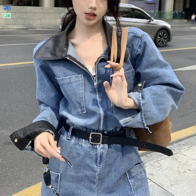 Retro PU Patchwork Denim Jumpsuits Women Long Sleeve Elastic Waist Loose Casual Romper Zipper Pocket Wide Leg Jeans Patns