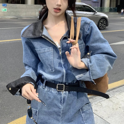 Retro PU Patchwork Denim Jumpsuits Women Long Sleeve Elastic Waist Loose Casual Romper Zipper Pocket Wide Leg Jeans Patns