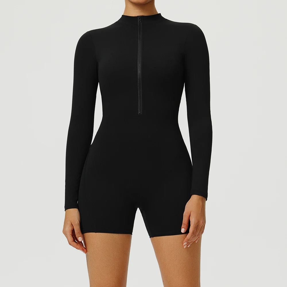 Women V-Back Sports Overalls Zipper Workout Jumpsuit Gym Fitness Suits Sports Bodysuits Female Running Tracksuit Sportswear