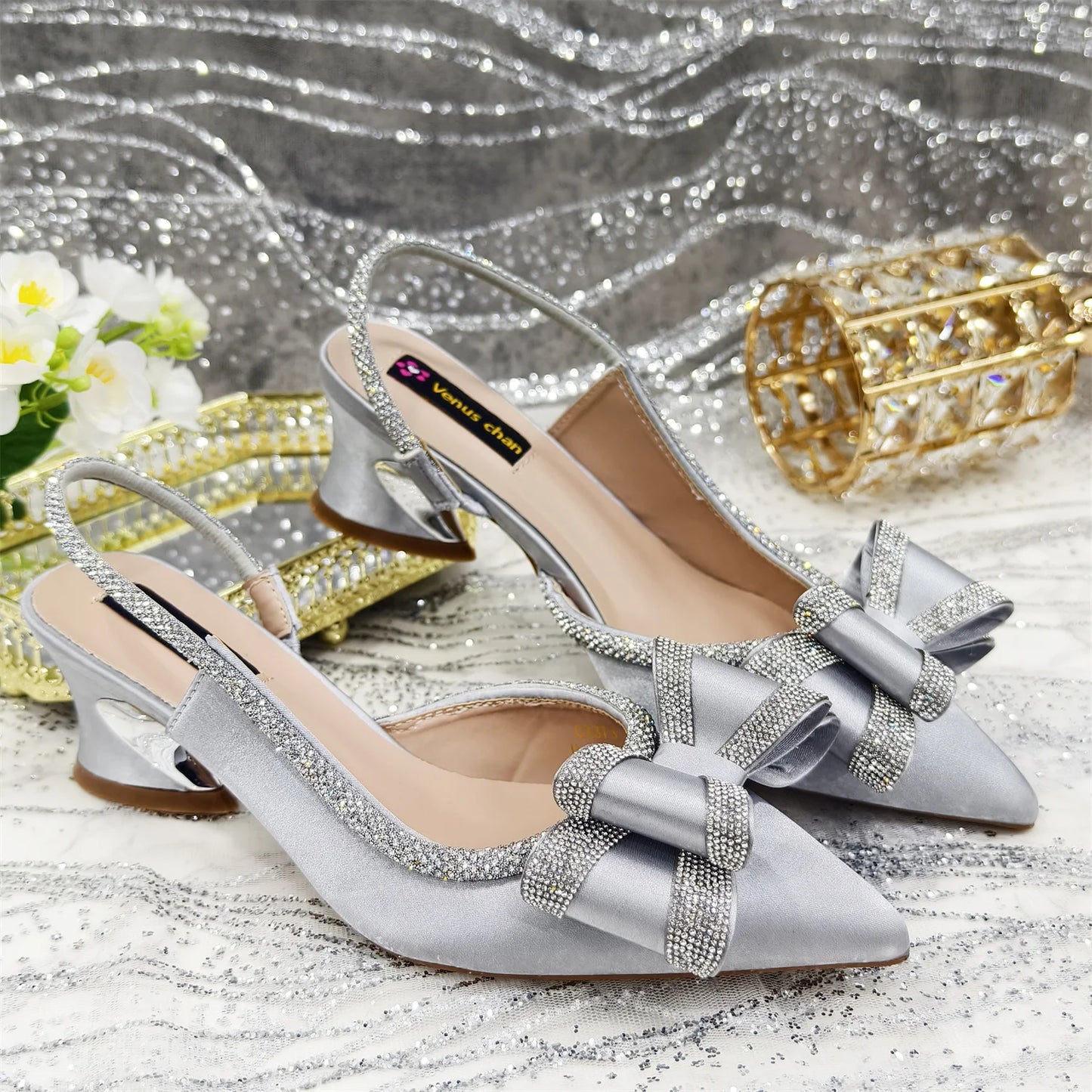 Elegant Gold Satin Rhinestone Bow Slingback Heel & Clutch Bag Set, Women Bridal Matching Kit For Wedding Party Evening Prom Form