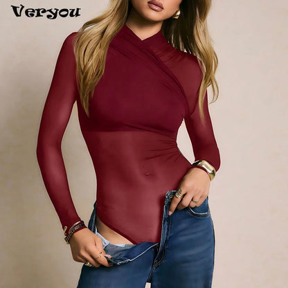 Elegant Long Sleeve Halter Bodysuits Women Fashion Solid Color Mesh Slim Short Jumpsuit Female Sexy Shirts Jumpsuit Red Black