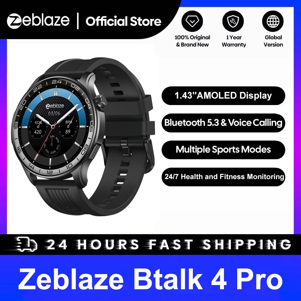 New Zeblaze Btalk 4 Pro Voice Calling Smart Watch 1.43''AMOLED Display Screen Heart Rate Fitness & Wellness Smartwatch For Men
