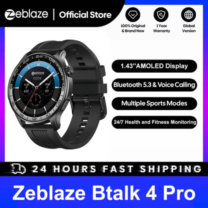 New Zeblaze Btalk 4 Pro Voice Calling Smart Watch 1.43''AMOLED Display Screen Heart Rate Fitness & Wellness Smartwatch For Men