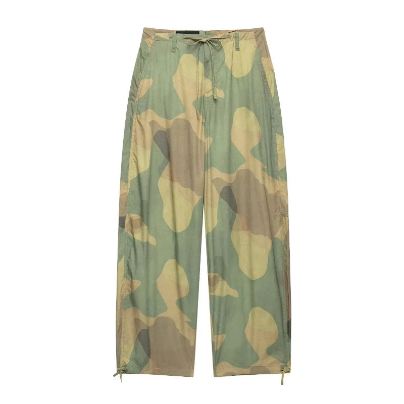 Women Camouflage Cargo Long Pants High Waist Wide Leg Drawstring Hem Baggy Trousers 2026 Autumn Casual Chic Vintage Streetwear