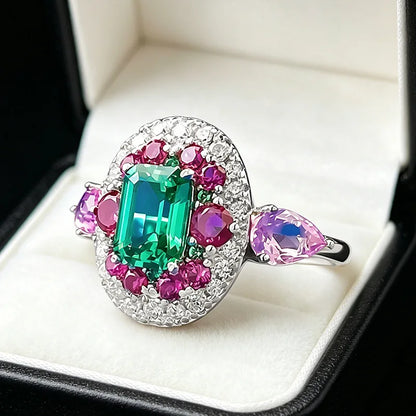 Luxury white gold solid platinum PT950 retro contrasting real emerald 5*7mm ring luxury banquet jewelry