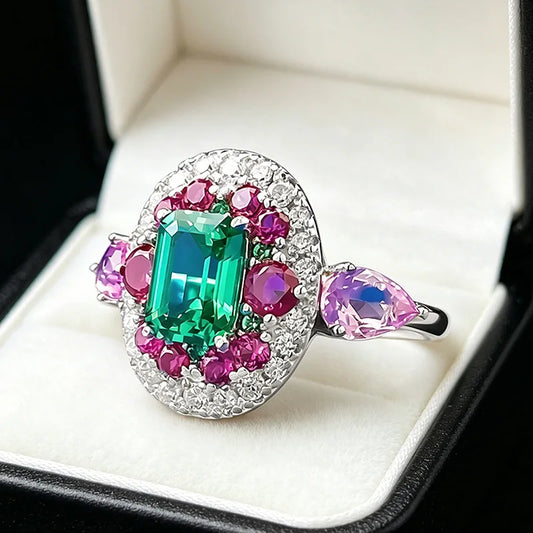 Luxury white gold solid platinum PT950 retro contrasting real emerald 5*7mm ring luxury banquet jewelry