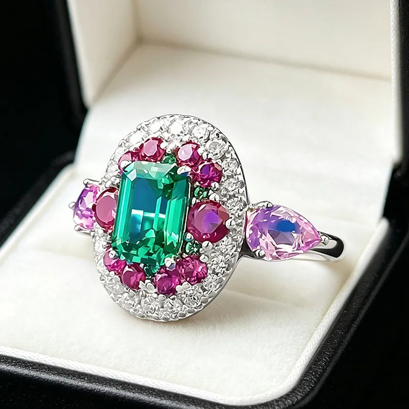 Luxury white gold solid platinum PT950 retro contrasting real emerald 5*7mm ring luxury banquet jewelry