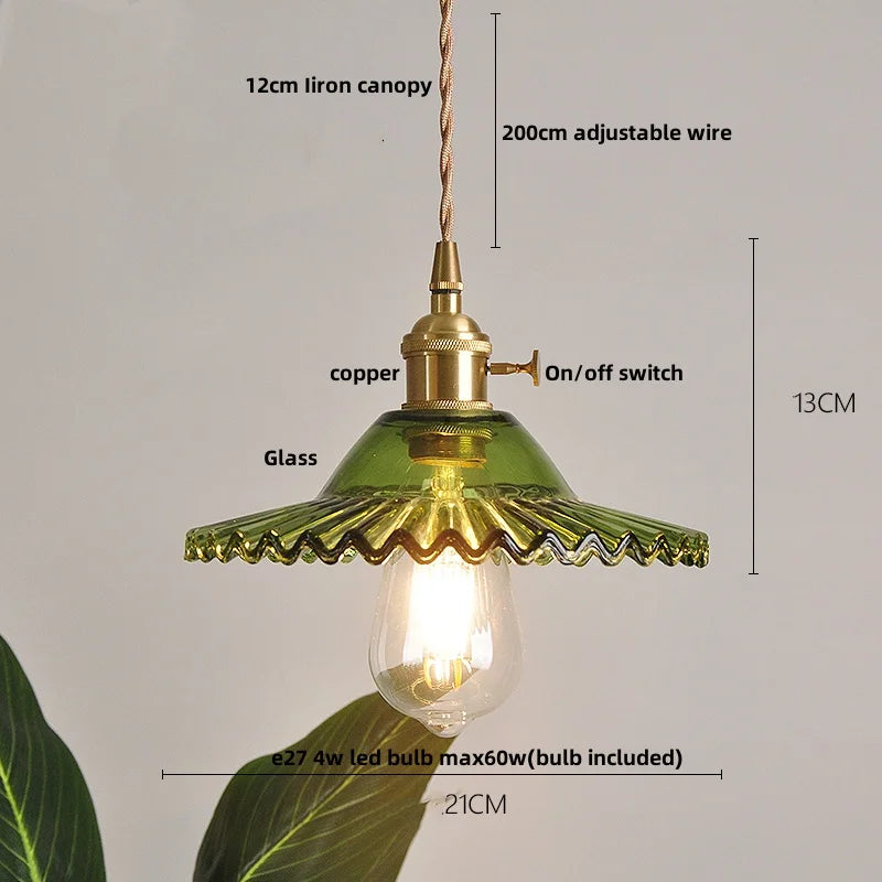 IWHD Home Decor LED Pendant Lights Kitchen Restaurant Copper Socket Flower Green Glass  Nordic Modern Walnut Wood Hanging Lamp