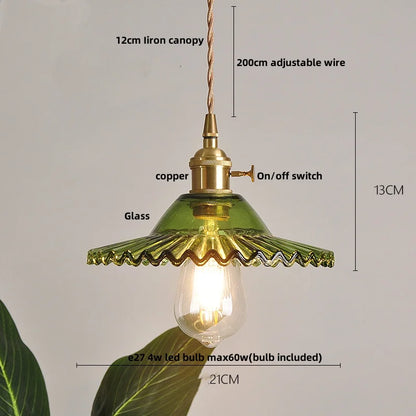 IWHD Home Decor LED Pendant Lights Kitchen Restaurant Copper Socket Flower Green Glass  Nordic Modern Walnut Wood Hanging Lamp