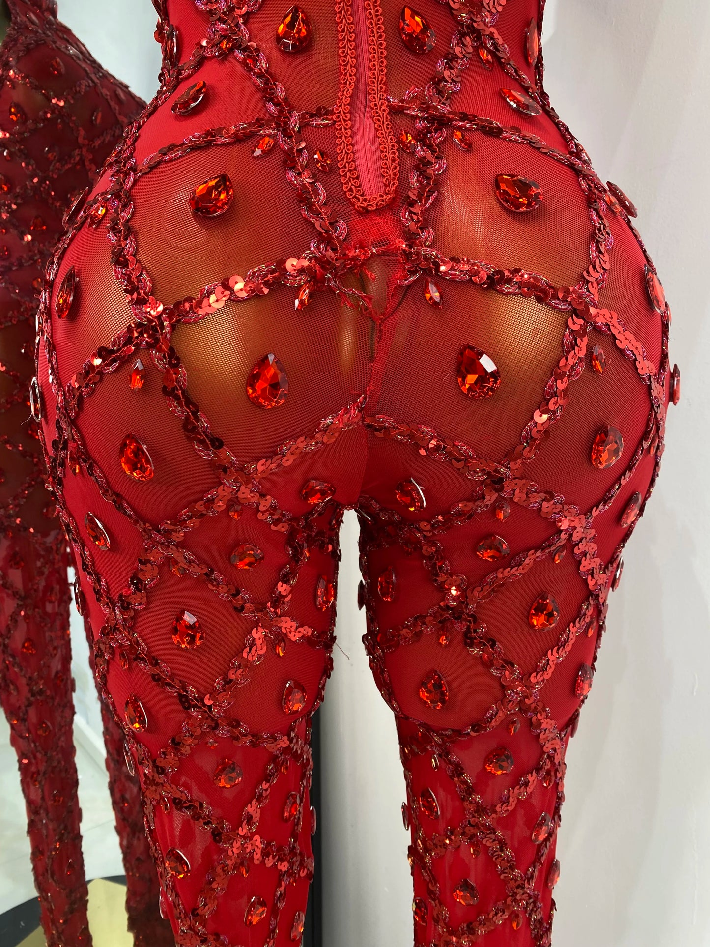 Women Rhinestones Sequines Mesh Bodycon Jumpsuits Sexy Special Occassion Nightclub DJ Dancer Stage Costumes Evening Club Dress