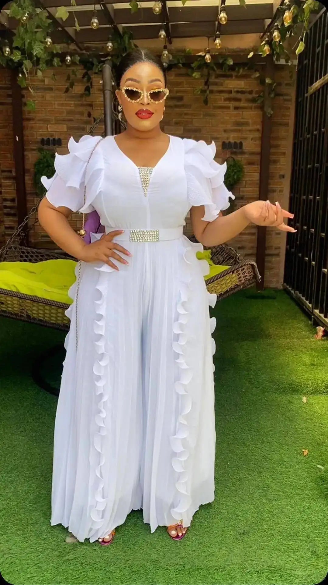 Plus Size Women V-neck Ruffle Jumpsuit White Ruffle Chiffon Wide-leg Rhinestone Belt Pleated Summer Elegant Casual Party Outfit