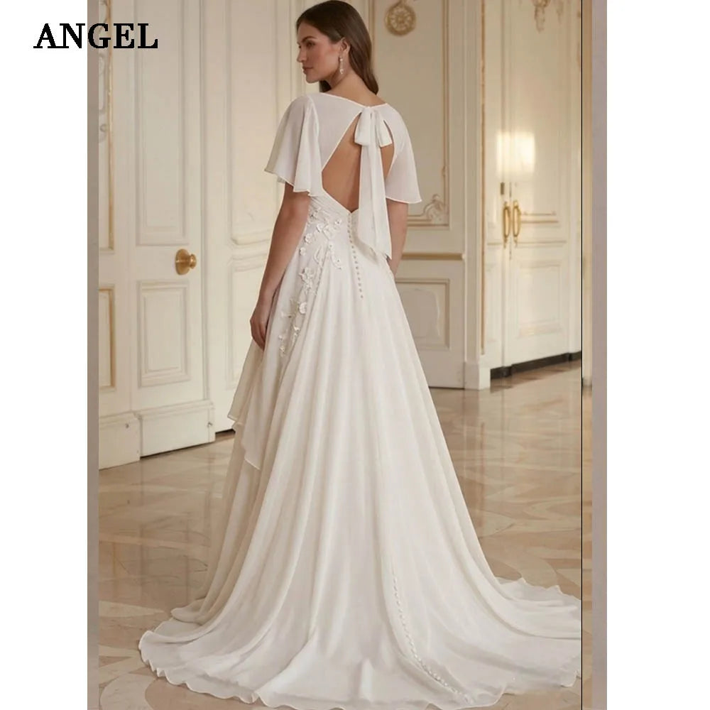 ANGEL Elegant Applique Wedding Dresses 2026 V-neck Long Bride Dress Short Sleeves Chiffon Bridal Gowns Vestidos De Novia Custom