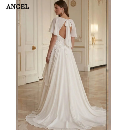 ANGEL Elegant Applique Wedding Dresses 2026 V-neck Long Bride Dress Short Sleeves Chiffon Bridal Gowns Vestidos De Novia Custom