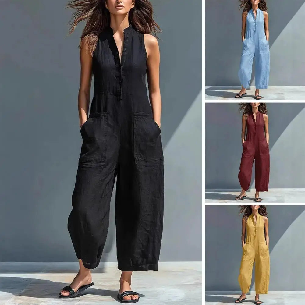 Cotton And Linen Jumpsuit Women Stand Collar Sleeveless Pocket High Waist Wide Legs Jumpsuits Casual Commuting Ladies Bodysuits