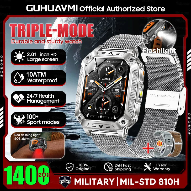 2026 New Military outdoor 1400mAh Battery SmartWatch Men Waterproof Call 2.01" HD AMOLED Sports Heart rate Flashlight Smart Band