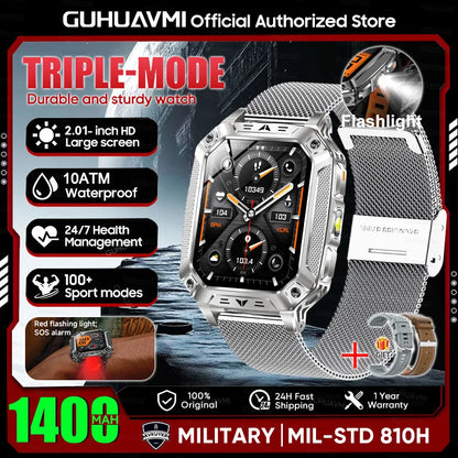 2026 New Military outdoor 1400mAh Battery SmartWatch Men Waterproof Call 2.01" HD AMOLED Sports Heart rate Flashlight Smart Band
