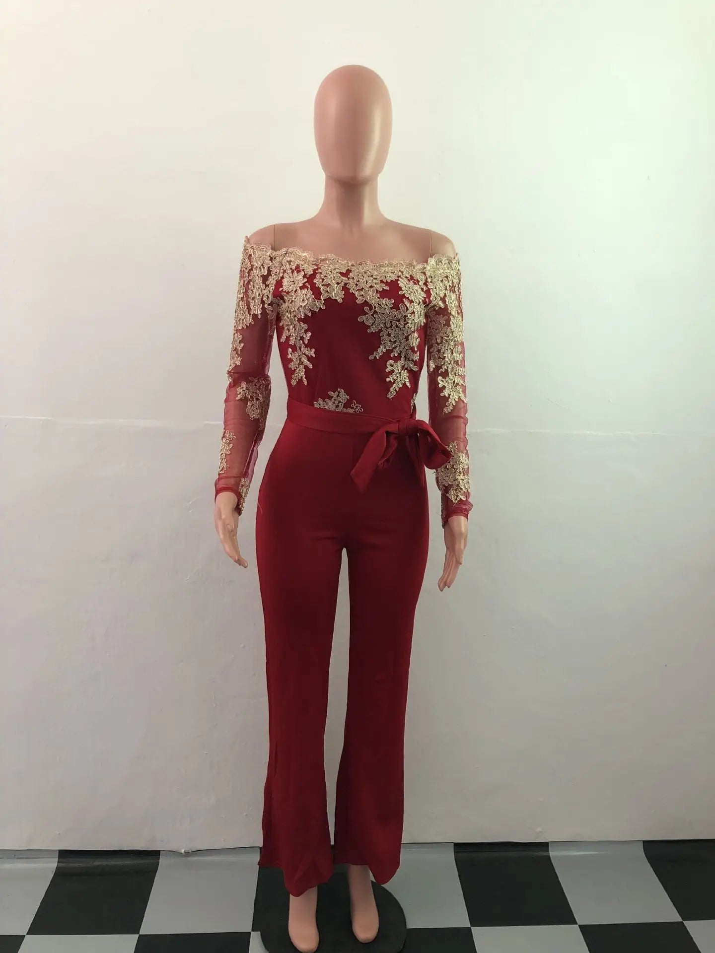 Womens Elegant Off Shoulder Long Pants Wide Leg Jumpsuits Floral Embroidery Lace See Through Cocktail Club Party Evening Rompers