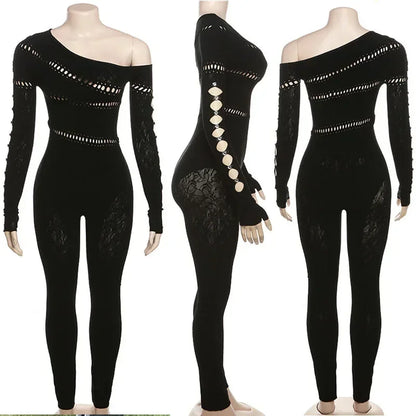 Black Night Party Lace Jumpsuits Woman Long Sleeve Skew Collar Hollow Out Patchwork Skinny One Pieces Rompers Womens Jumpsuit