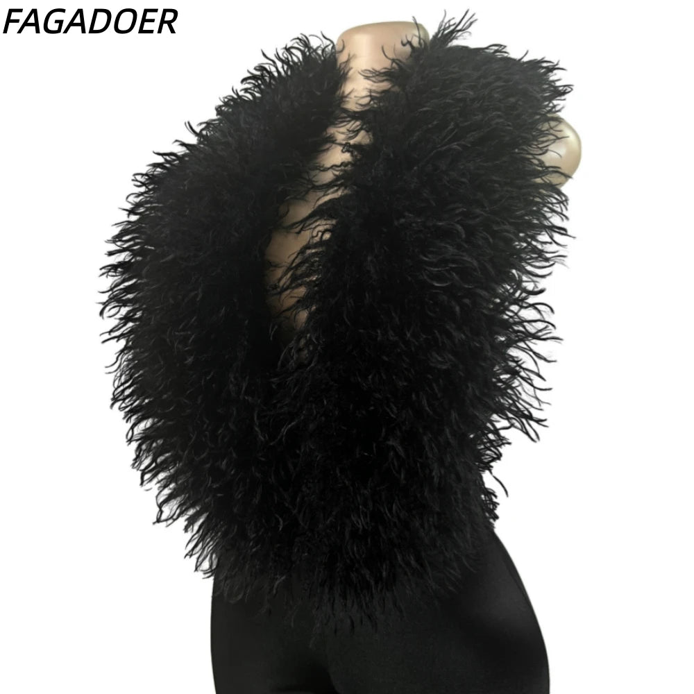 FAGADOER Women Faux Fur Halter Jumpsuit Deep V Neck Sleeveless Shiny Bodycon Long Pants Sexy Party Clubwear One Piece Outfit