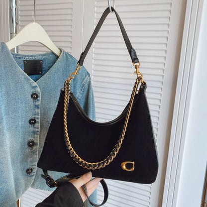 Women's New Light Luxury Fashionable High-End Black Suede Shoulder Crossbody Bag,Versatile for Commuting,Large Capacity Tote Bag