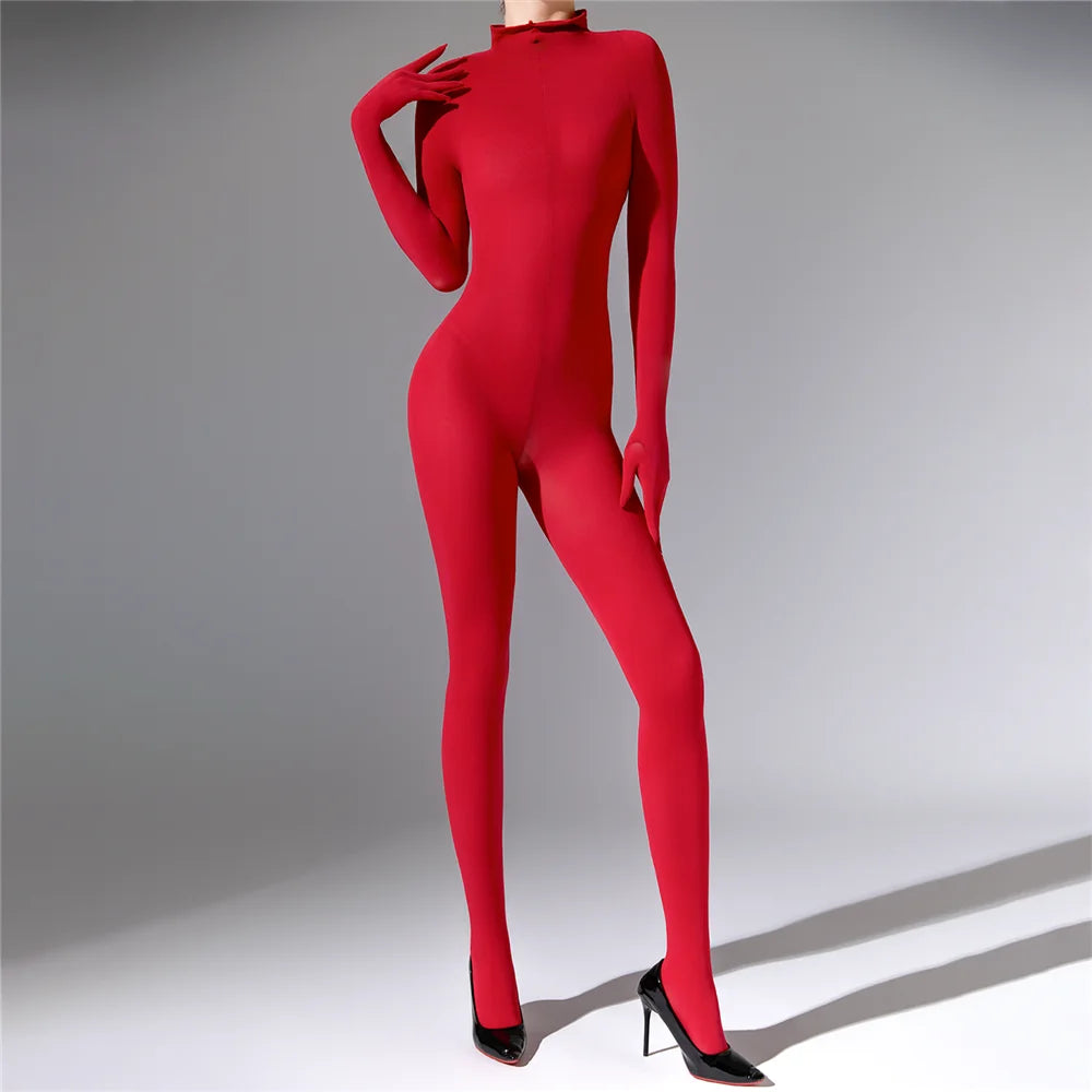 Plus Size Sexy Women 120D Five Finger Glove Sleeve Bodysuit Seamless Tight Warm High Elastic Shaping Cosplay Unisex Fit Jumpsuit