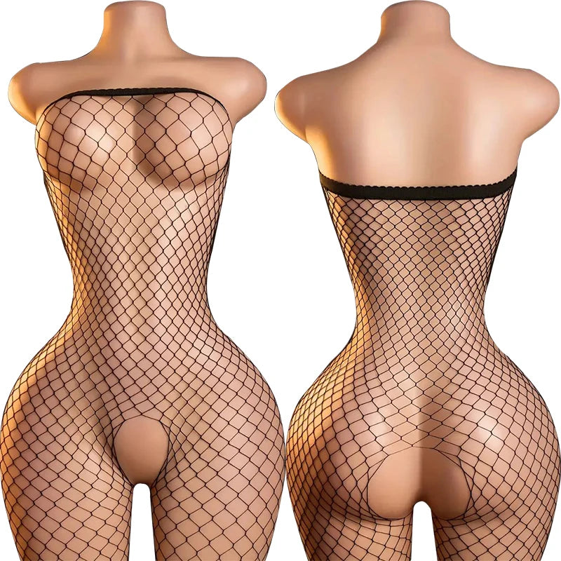 High Neck Fishnet Hollow Bodysuits For Women Sexy Long Sleeve Crotchless Jumpsuits Erotic Outfits Mesh See Through Teddy Rompers