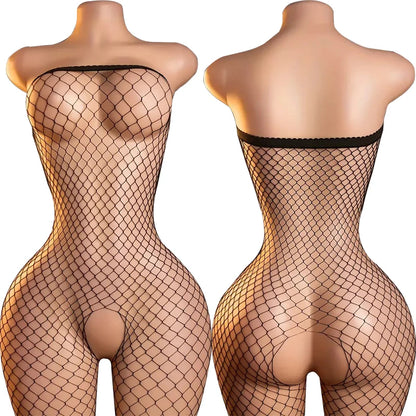 High Neck Fishnet Hollow Bodysuits For Women Sexy Long Sleeve Crotchless Jumpsuits Erotic Outfits Mesh See Through Teddy Rompers