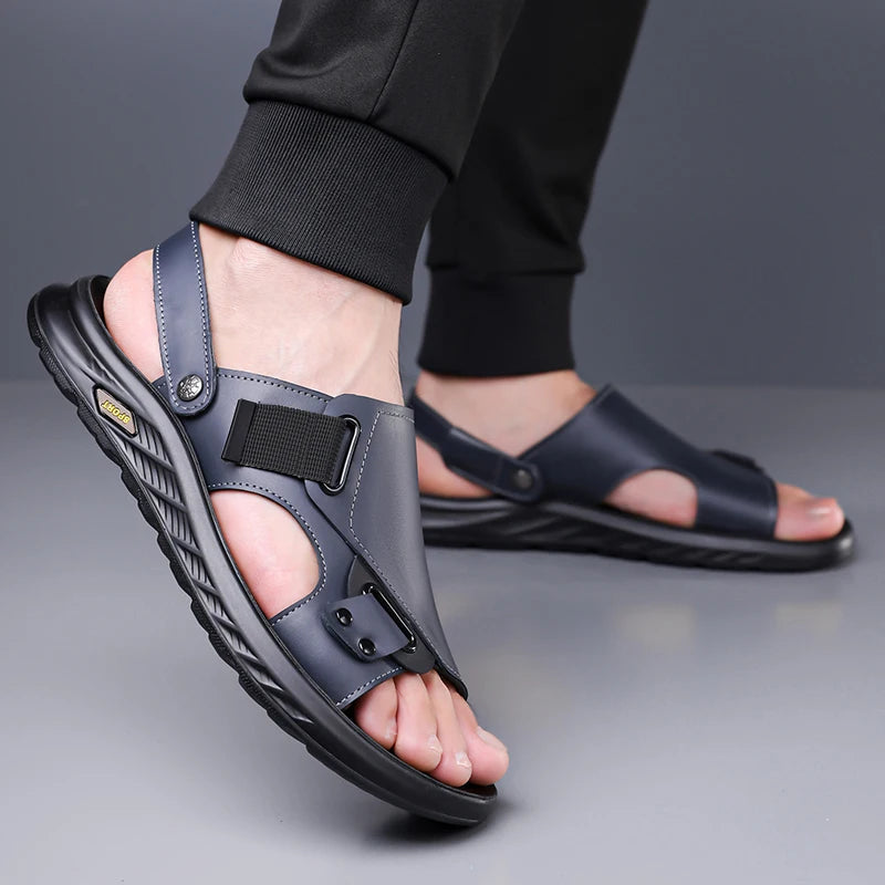 2026New Summer Mens Summer Outdoor Sandals 2-in-1 Beach Walking Shoe Genuine Leather Business Driving Shoe Flat Designer Sandals